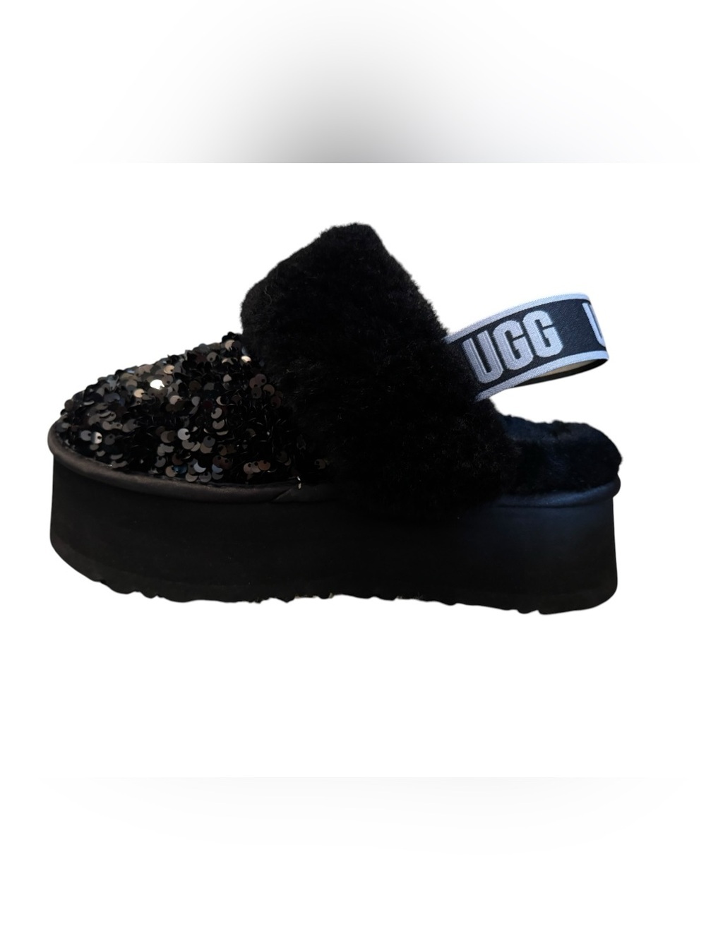 UGG Black Sequin Lamb Shearling Slide with Branded Stretchy Heel Strap Size 8.5